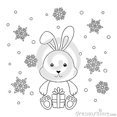 Coloring page with cute little rabbit, gift box and falling snowflakes Vector Illustration