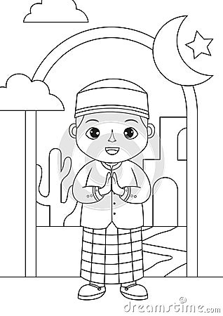 Coloring page of cute muslim boy Vector Illustration