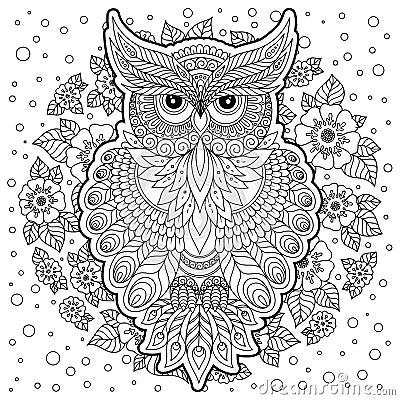 Coloring page with cute owl and floral frame. Vector Illustration