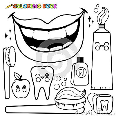 Dental hygiene set. Vector black and white coloring page. Vector Illustration