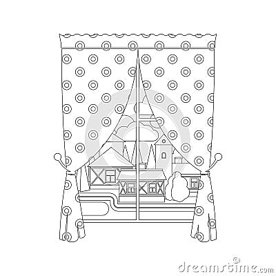 Coloring page design with window curtain Vector Illustration