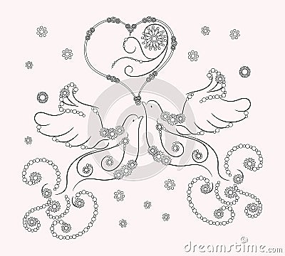 Coloring page with doves, hearts, spirals, decorative elements and flowers Vector Illustration