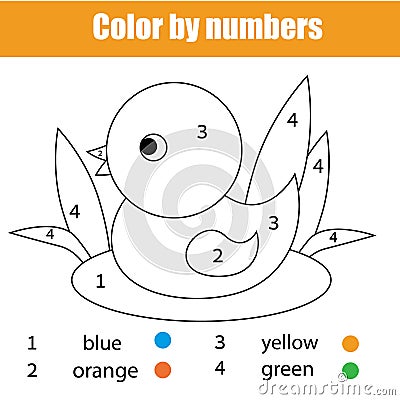 Coloring page with duck bird. Color by numbers educational children game, drawing kids activity Vector Illustration