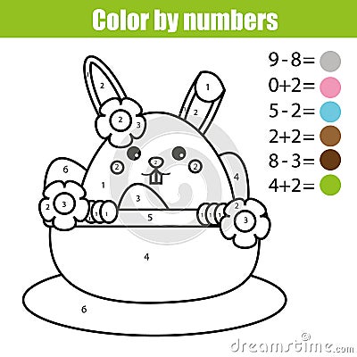 Coloring page with Easter bunny character. Color by numbers math educational children game, drawing kids activity. rabbit in buske Vector Illustration