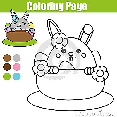 Coloring page with Easter bunny character. Printable worksheet. educational children game, drawing kids activity. rabbit in basket Vector Illustration