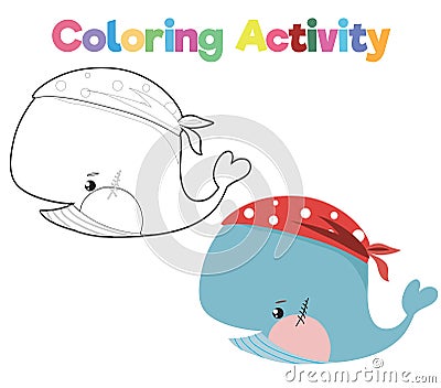 Coloring book activity for children whale in pirate style. Educational printable coloring worksheet. Coloring activity for childre Vector Illustration