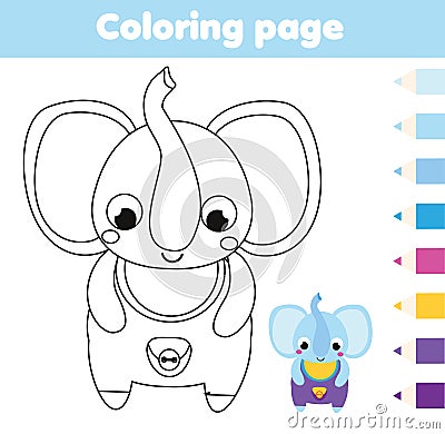 Coloring page with elephant. Drawing kids activity. Printable fun for toddlers and children Vector Illustration