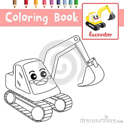 Coloring page Excavator cartoon character perspective view vector illustration Vector Illustration