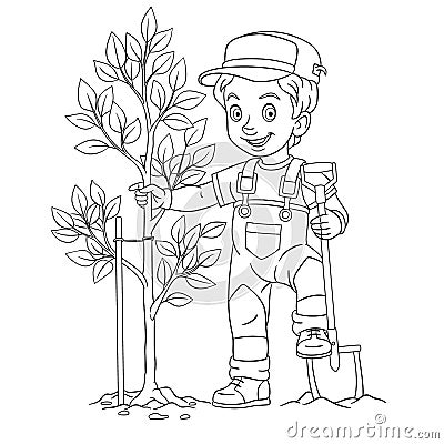 Coloring page with farmer boy planting a tree Vector Illustration