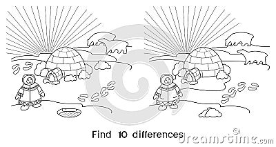 Find ten differences. Game for children with northern landscape with polar animals Stock Photo