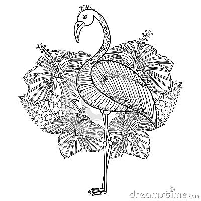 Coloring page with Flamingo in hibiskus Vector Illustration