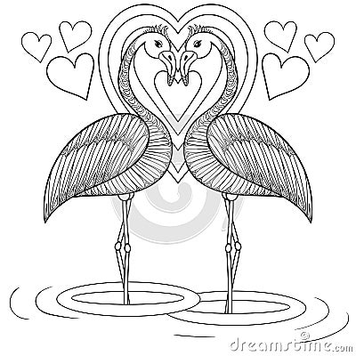 Coloring page with Flamingo in love, zentangle hand drawing illustration tribal totem bird for adult Coloring books or tattoos, l Vector Illustration