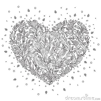 Coloring page flower heart St Valentine's day greeting card Vector Illustration