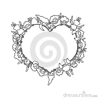 Coloring page with flying angels and cupids around heart. Vector Illustration