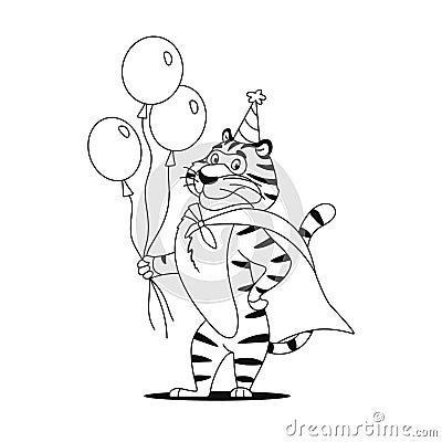 Coloring page. Funny cartoon tiger superhero Cartoon Illustration