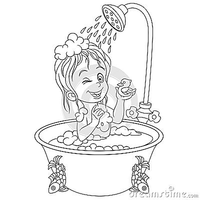 Coloring page with girl in bathroom taking a shower Vector Illustration