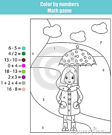 Coloring page with girl. Color by numbers math game Vector Illustration