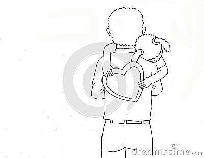 coloring page girl holding a heart sign while being hugged by her father Cartoon Illustration
