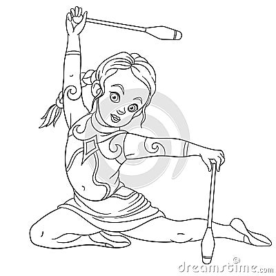 Coloring page with girl rhythmic gymnastic with juggling clubs Vector Illustration