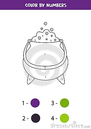 Color Halloween cauldron by numbers. Worksheet for kids. Vector Illustration