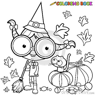 Halloween witch and pumpkins. Vector black and white coloring page. Vector Illustration