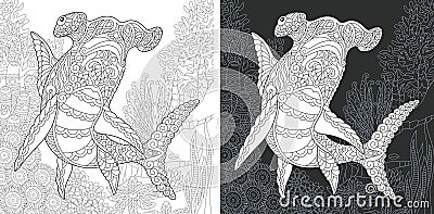 Coloring page with hammer head shark Vector Illustration