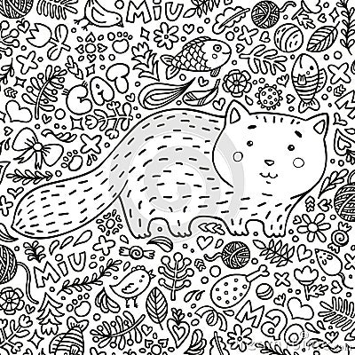 Coloring page. Hand-drawn illustration. Perfect antistress. A fat red cat surrounded by flowers, fish, toys and other Vector Illustration