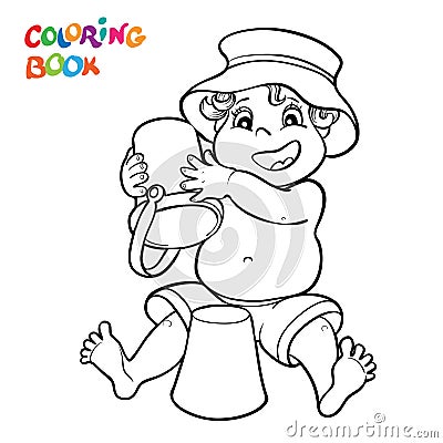 Coloring page. Happy child in shorts and panama hat play in the sand and toys Vector Illustration
