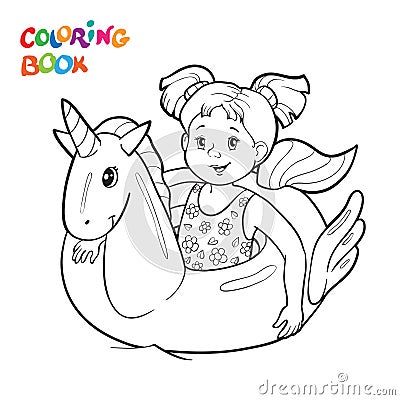 Coloring page. Happy girl swim on rubber rings in the water Vector Illustration