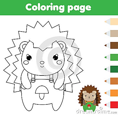 Coloring page with hedgehog. Drawing kids activity. Printable toddlers fun Vector Illustration