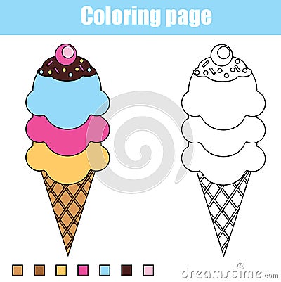 Coloring page with ice cream. Educational children game, printable drawing kids activity Vector Illustration