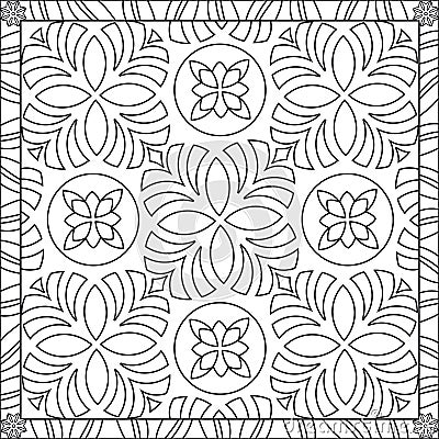 Coloring Page Illustration in Square Format for Adults, Flower Rose Pattern Design Black and White Vector Illustration