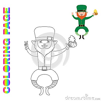 Coloring page with joyful jumping leprechaun with beer Vector Illustration