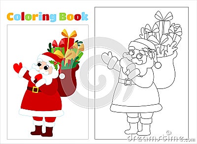 Coloring page. Joyful Santa Claus with a bag of Christmas gifts in cartoon style. Santa stands sideways. Vector Illustration