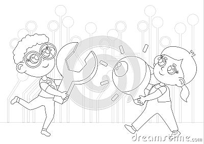 Coloring page. Kid Inventors Day. A boy and a girl carry a huge light bulb and a wrench. Vector Illustration