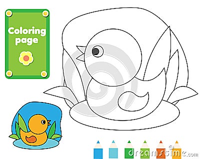 Coloring page for kids. Duck in water. Drawing game activity. Printable fun for toddlers and children. Animals theme Vector Illustration