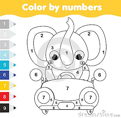 Coloring page for kids. Educational children game. Color by numbers. Cartoon elephant drive car Vector Illustration