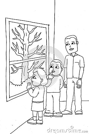 Coloring page kids and father looking at window Stock Photo