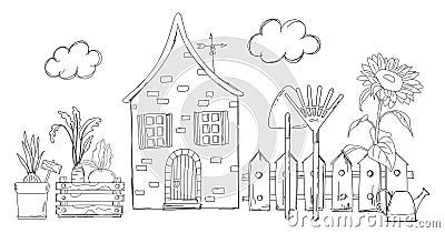 Coloring Page For Kids Featuring A Rural Scene With A House, Fence, Sunflower, Rake, Shovel, And Seedlings Vector Illustration