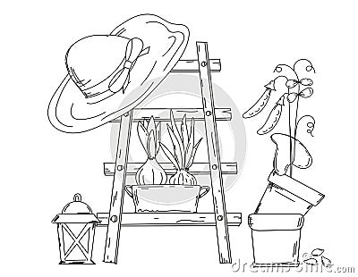 Coloring Page For Kids, Spring Garden Theme With Garden Ladder, Woven Hat, And Seedling Pots Vector Illustration