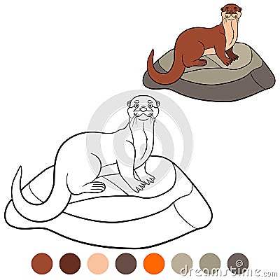 Coloring page. Little cute otter stands on the stone Vector Illustration