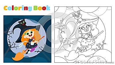 Coloring page little witch flies on a broomstick at night. Halloween character. Educational games for children in schools. Vector Illustration