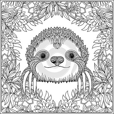 Coloring page with lovely sloth in forest. Cartoon Illustration