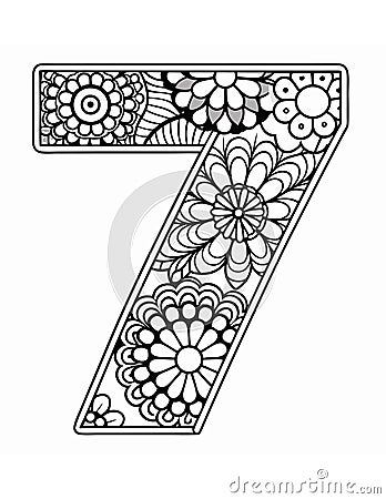 coloring page with a number 7 with plants inside Stock Photo