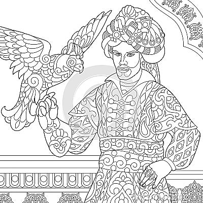 Zentangle stylized ottoman sultan with hawk Vector Illustration