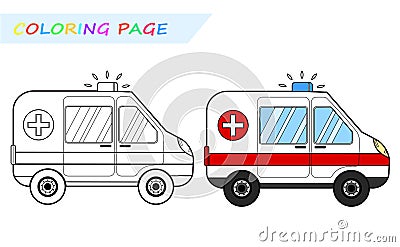 Coloring page outline of ambulance care. Vector image isolated on white background. Coloring book for kids Vector Illustration