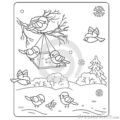 Coloring Page Outline Of cartoon birds in the winter. Vector Illustration