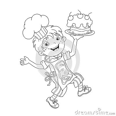 Coloring Page Outline Of cartoon Boy chef with cake Vector Illustration