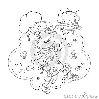 Coloring Page Outline Of cartoon Boy chef with cake Vector Illustration