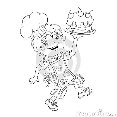 Coloring Page Outline Of cartoon Boy chef with cake Vector Illustration